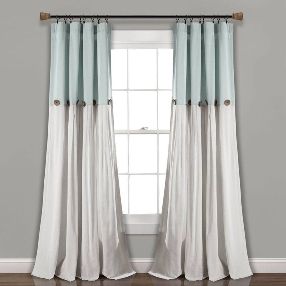 40"x95" Farmhouse Linen Button Light Filtering Curtain Panel - Blue/White